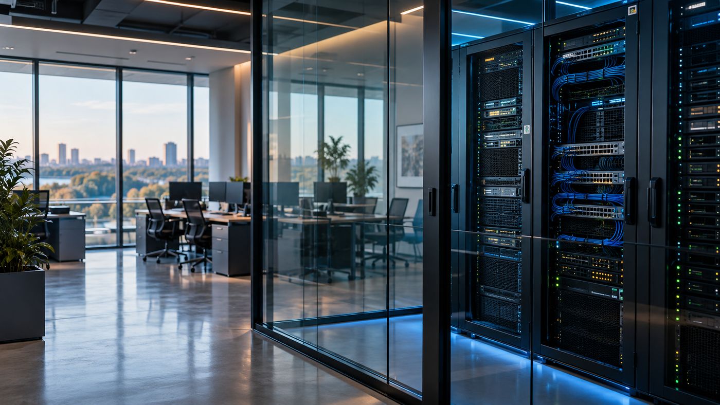 Illustration of a commercial office and an organized IT equipment room