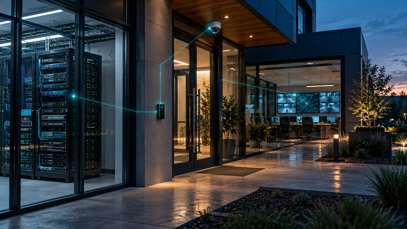 Illustration of a commercial building with connected IT infrastructure, access control and surveillance