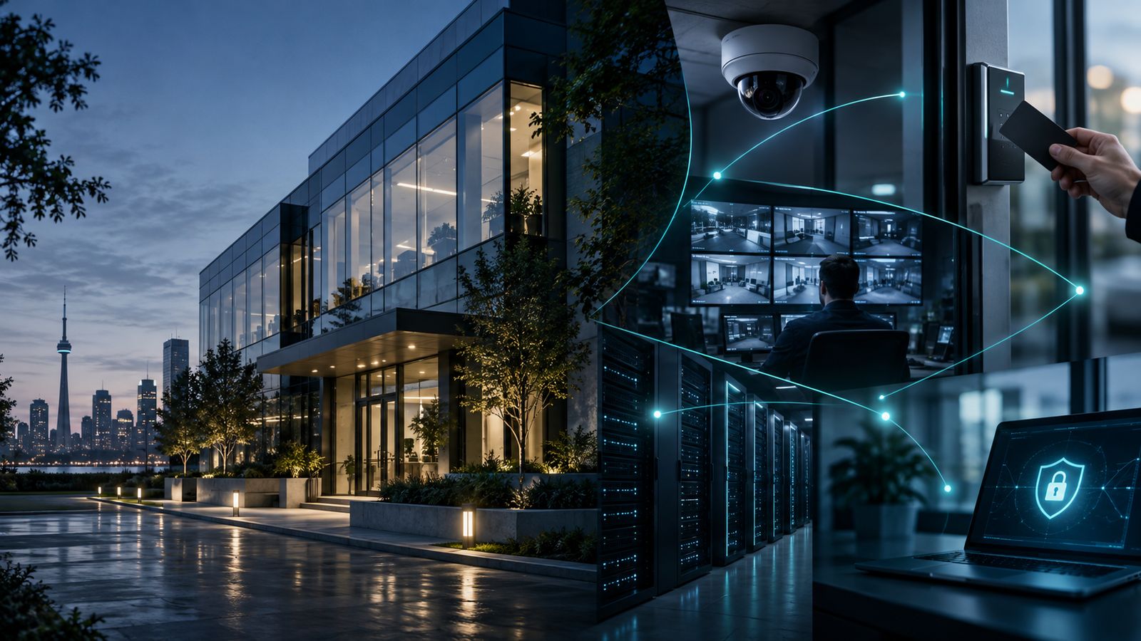 Illustration of a commercial building with video surveillance, access control and IT infrastructure